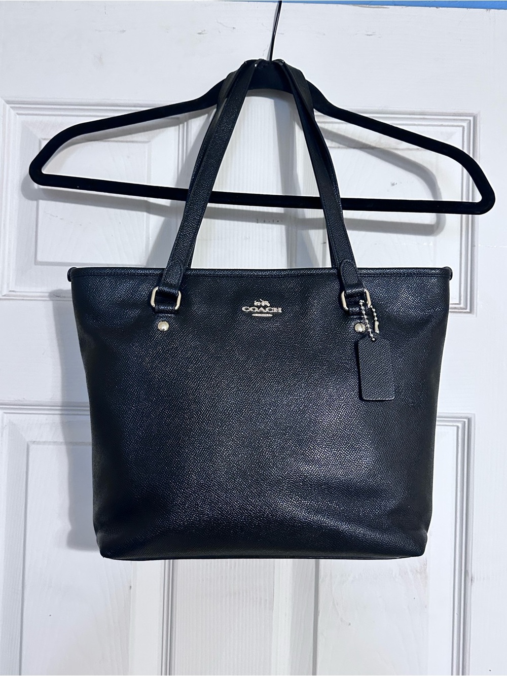 Coach Black Leather Tote with Logo Charm